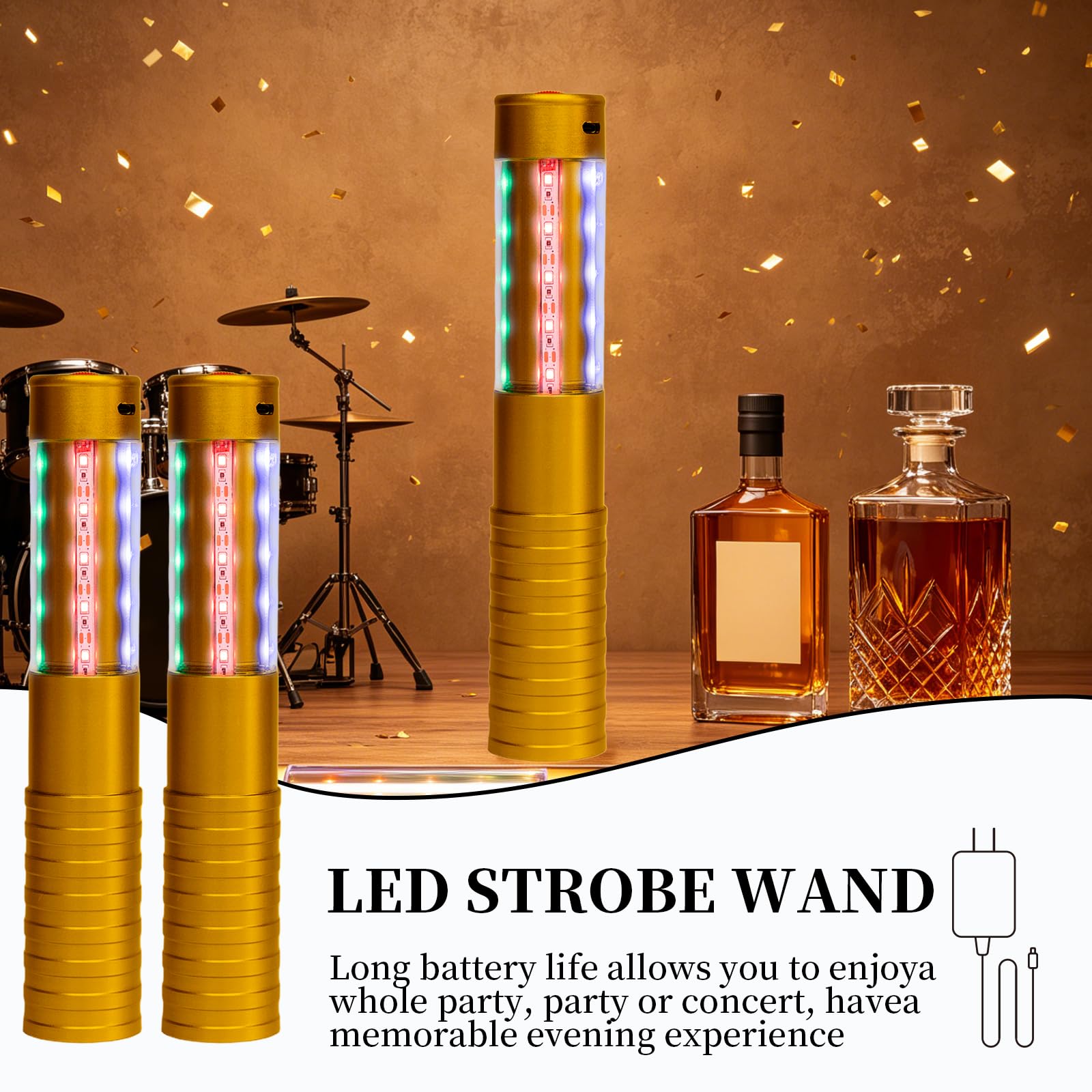 Strobe Bottle Girl Lights LED Bottle Service Lights Baton Reusable Rechargeable Service LED Champagne 2 Pcs for Bar Club Birthday Weddings Parties (Gold PC-Abs Colored Light 2Pcs)