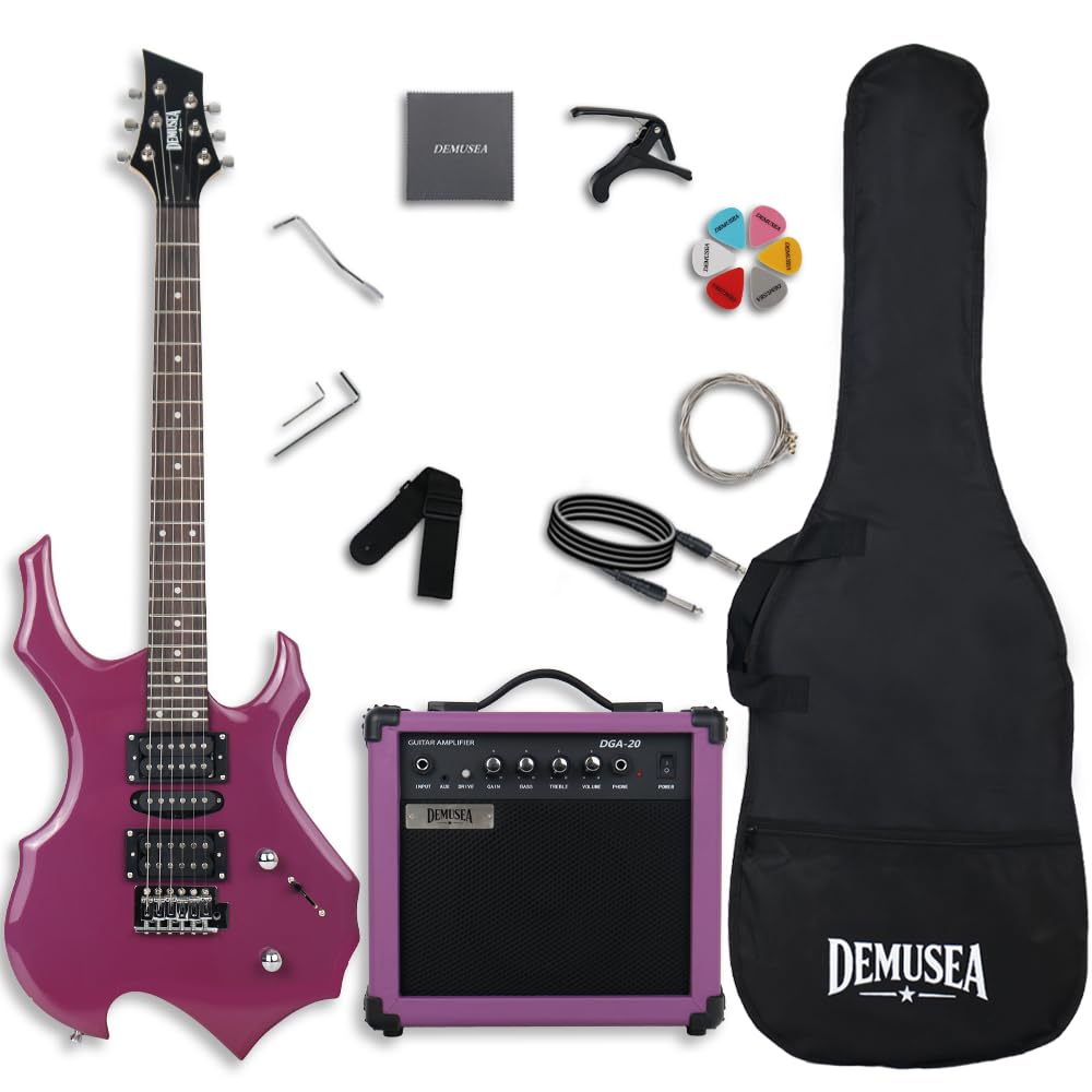 Demusea Purple Color Unique Cool Shape Electric Guitar Beginner Kit With Non-Rechargeable 20W Amp HSH Pickup 24Fret 25.5 Inch Scale Length 1V 1T 5Ways Toggle Solid Body Maple Neck Full Accessories In