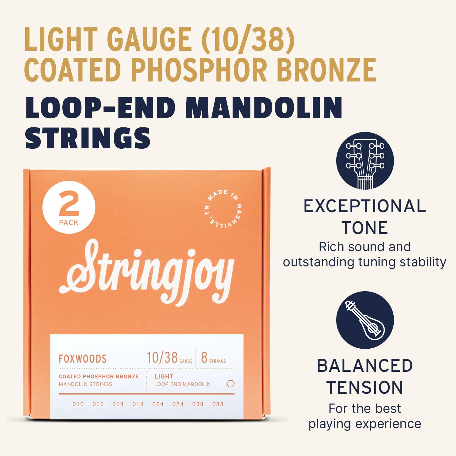 Stringjoy Foxwoods 10-38 Balanced Light Gauge Coated Mandolin Strings – Coated Phosphor Bronze Mandolin Strings – Long-Lasting, Rich and Balanced Loop-End Strings, 8 String Set, 2-Pack