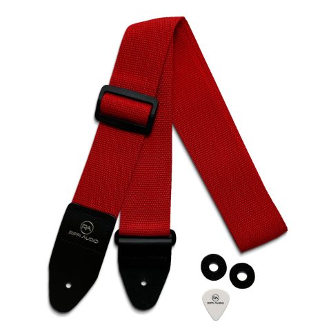 Riffi Audio Lite 1.0 Adjustable 2″ Wide Guitar Strap With Pick & Locks For Acoustic, Electric, And Bass Guitars (Red)