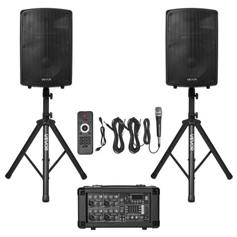 VEVOR Professional PA System, 800W Powered, Sound System Set with 6 Channel Mixer, Dual Speakers, Wireless Bluetooth, Microphone, Compact Stands, USB SD XLR Inputs, Remote Control, for DJs Events