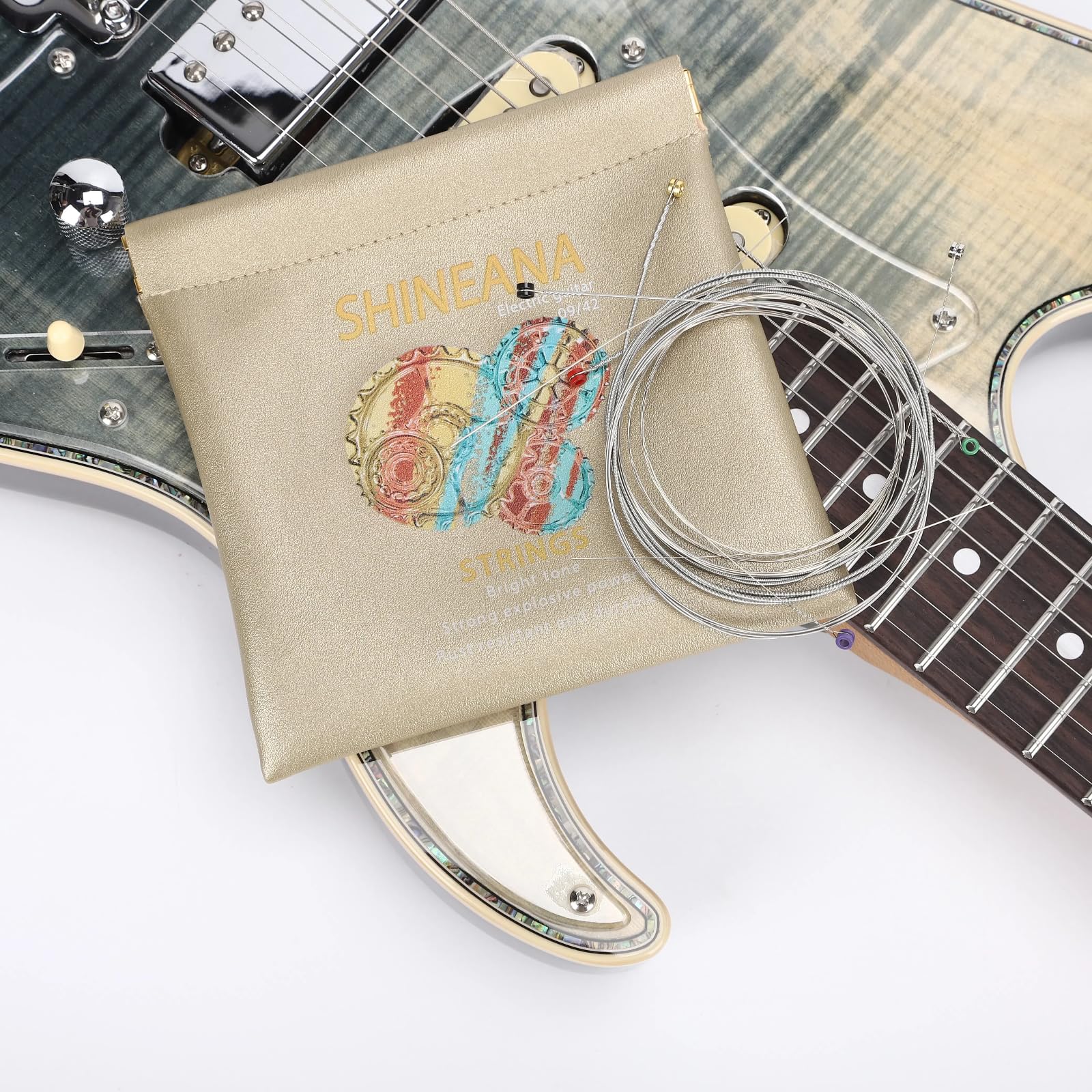 Electric Guitar Strings Handmade Nickel Plated Hex Steel Colorful Ball End-6 String-with Reusable soft leather pouch,Radiant Tone, Explosive Power (Gold(10/46)