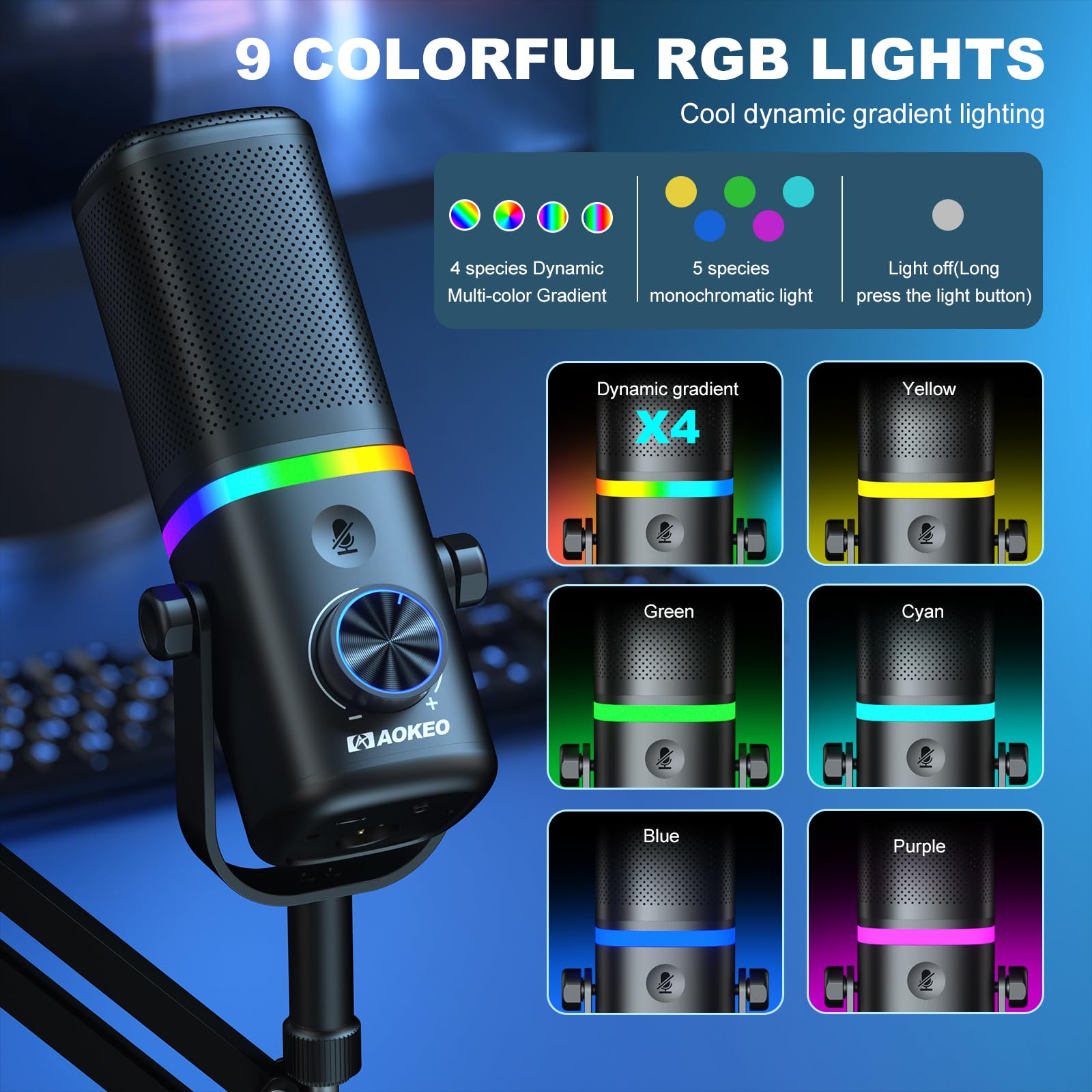 Aokeo AK-10 USB Gaming Microphone with mic arm, Condenser Microphone for PC/MAC/PS4/PS5/Phone-Cardioid Mic with RGB Lighting(White)
