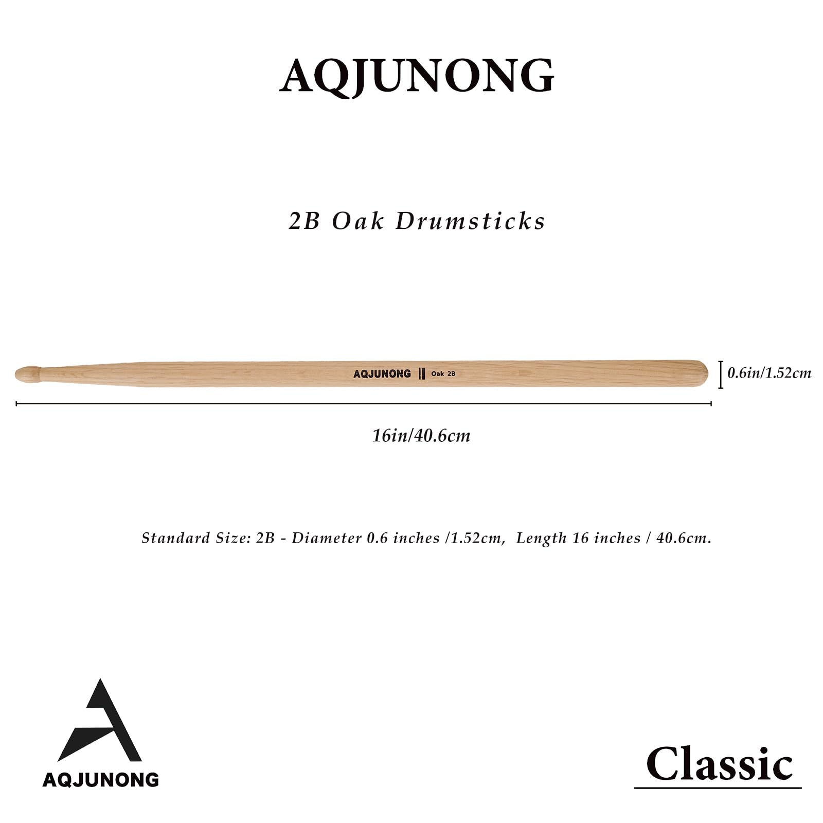 AQJUNONG Drum Sticks, Classic Oak Wood 2B Drumsticks (12 Pair)