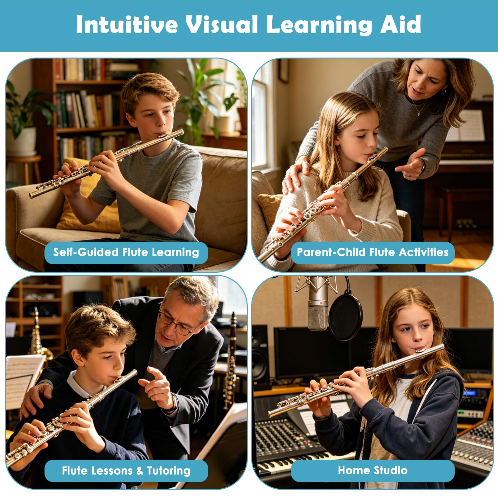 Enjoyard Flute Fingering Chart with All Major Scales, Note Rest & Dotted Rhythm Learning Card, Waterproof Flute Reference Guide for Beginner & Advanced Players