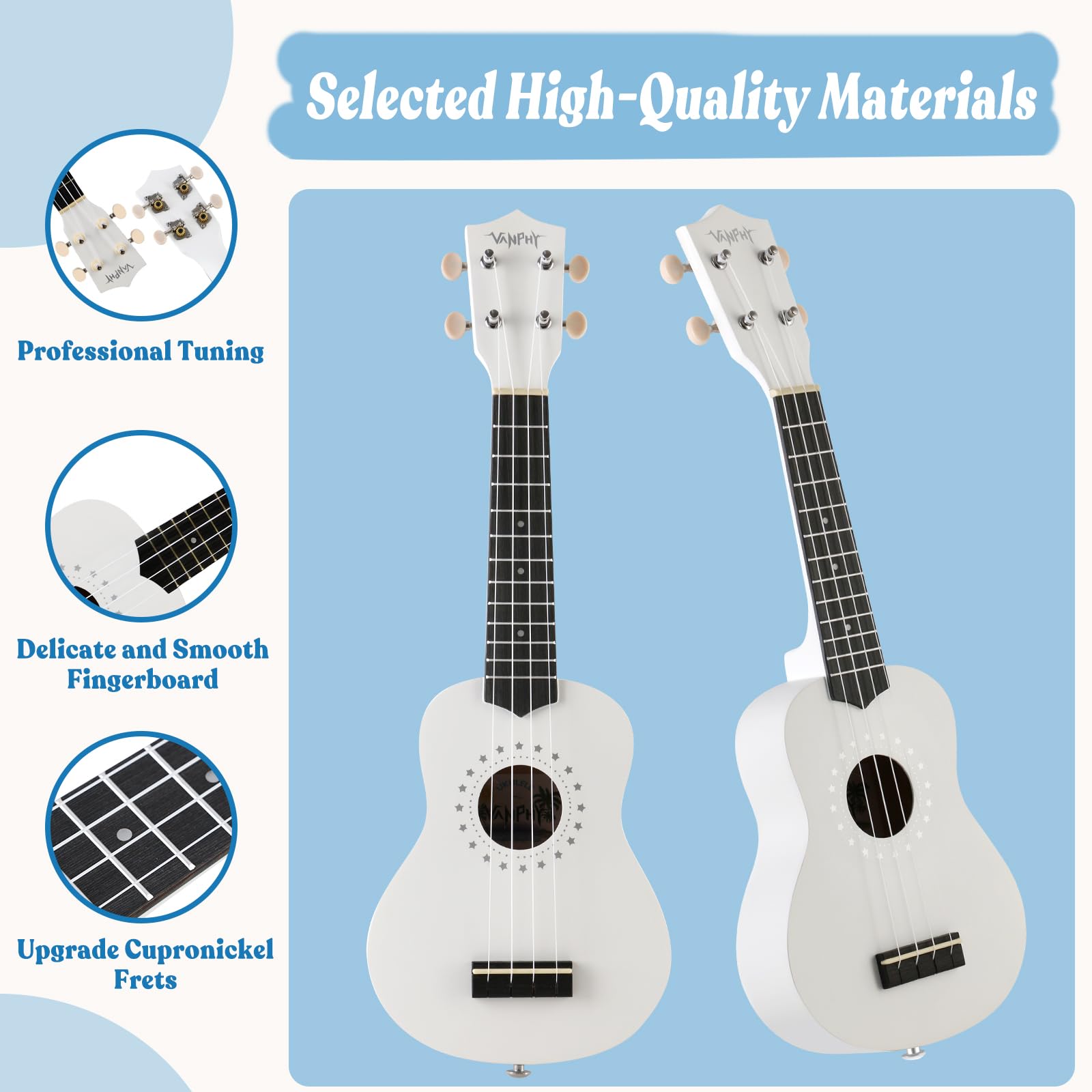 VANPHY Soprano Ukulele for Beginner Adults with Gig Bag 21 Inch Uke for Starter Hawaiian Soprano Ukalalee Polishing Basswood 21 Inch Uke Bundle with Strap Picks Songbook Cleaning Cloth (White)