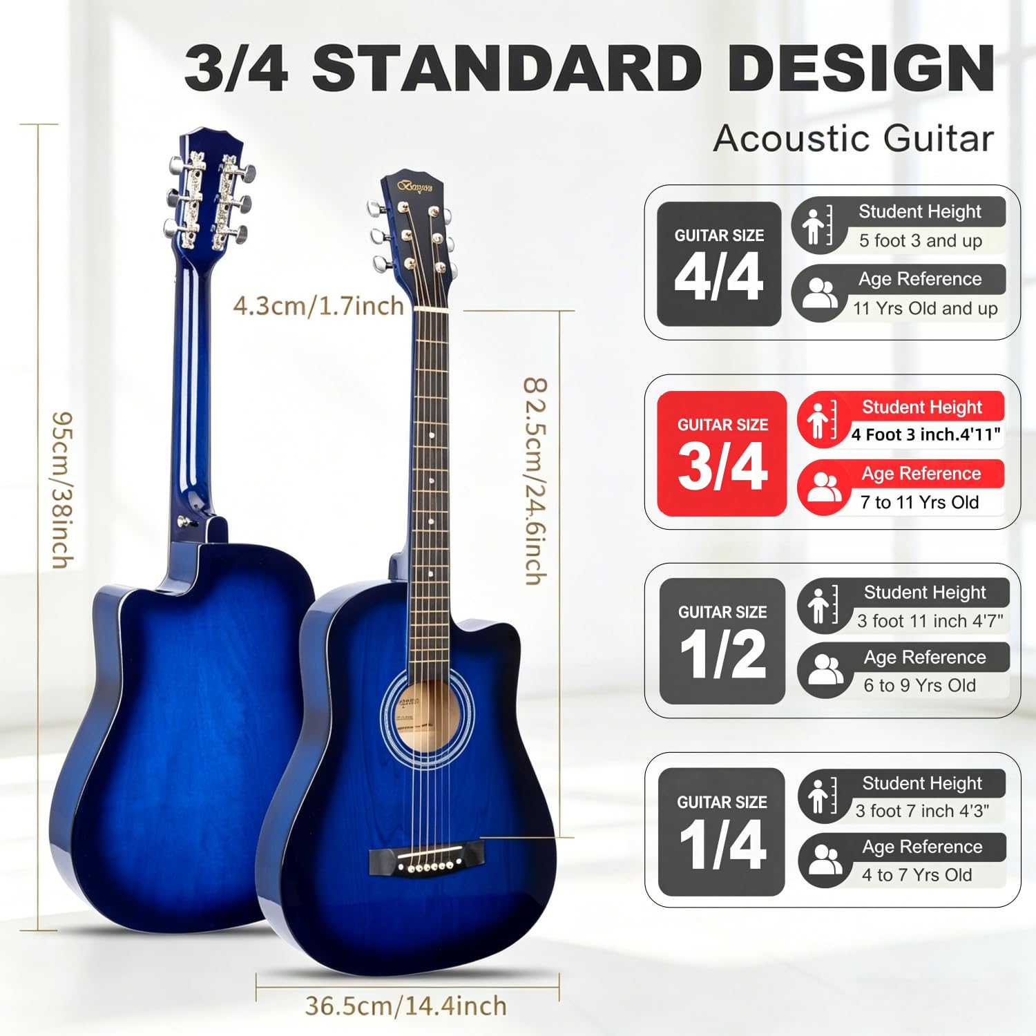 38 inch Blue Acoustic Guitar Beginner Kits 3/4 Cutaway Wood Acustica Guitarra for Beginners Adults with Online Lesson,Gig Bag,Picks,Steel Strings Strap with Picks Holder