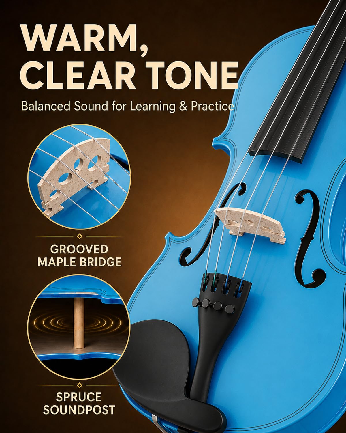 Beginner Violin 4/4, Full Size Violin for Adults, Teens, Student, Learners Age 12+, Acoustic Fiddle Kit with Hard Case, Bow, Rosin, Bridge (Sky Blue)