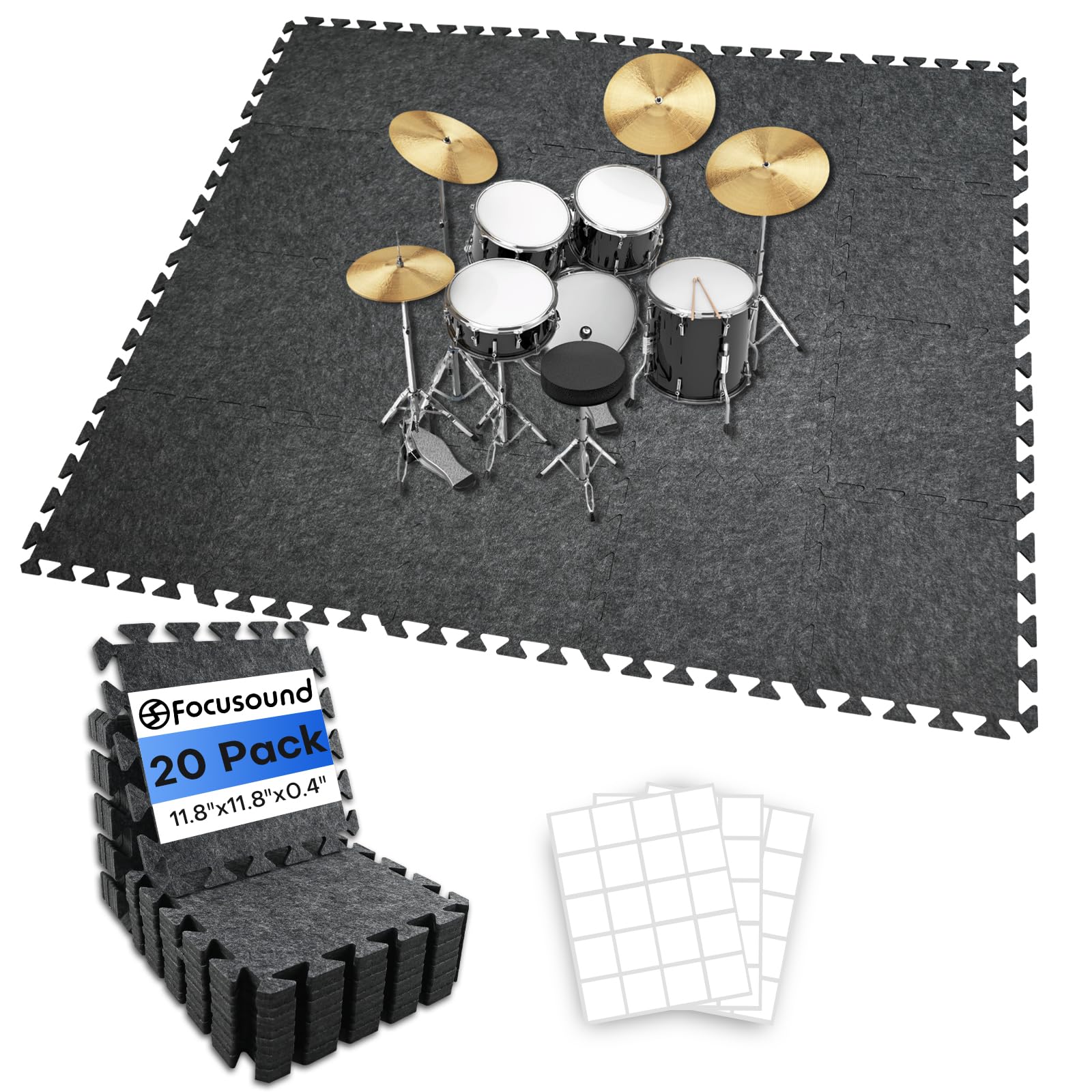 Focusound 20Pcs Sound Absorbing Interlocking Drum Rug, 11.8 x 11.8 x 0.4 inches High Density Soundproof Floor Mats, Non-Slip Anti Vibration Piano Carpet Drum Mat for Music Studio, Grey