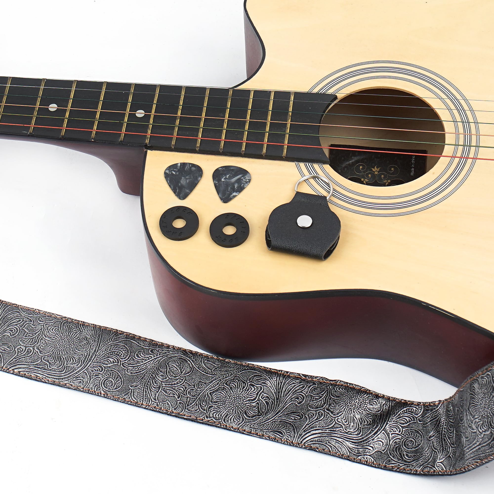 LIZIMANDU Adjustable Guitar Strap Includes 2 Strap Locks & 2 Matching Picks & 1 Picks Holder & 1 leather Strap Button(1-Carving Silver)