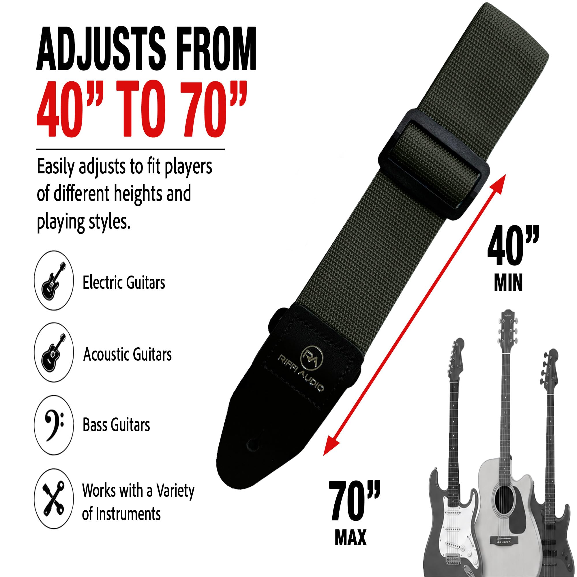 Riffi Audio Lite 1.0 Adjustable 2″ Wide Guitar Strap With Pick & Locks For Acoustic, Electric, And Bass Guitars (Olive Green)