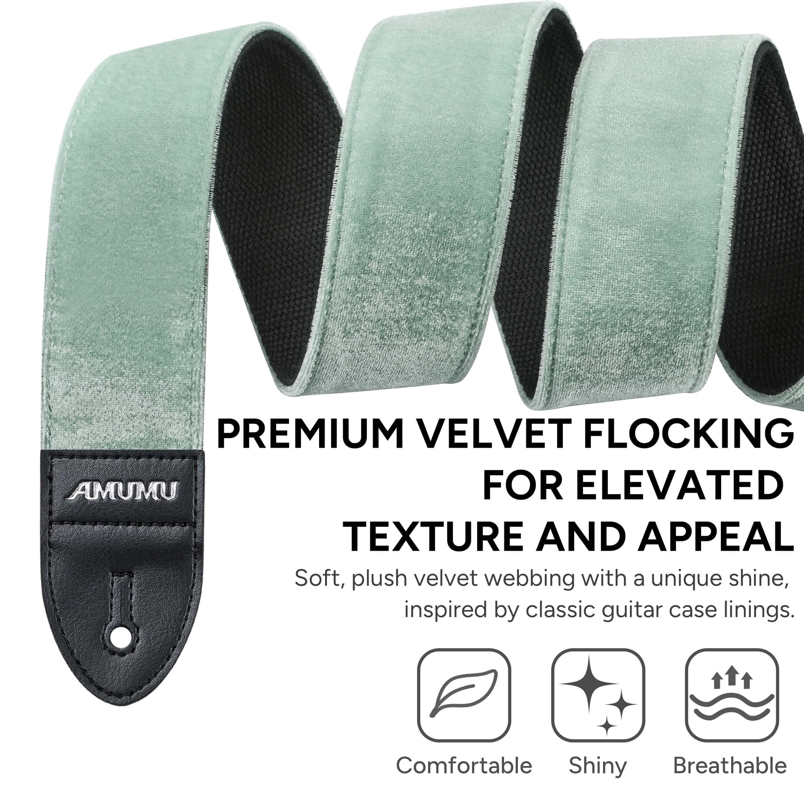 Amumu Flocked Velvet Guitar Strap with Microfiber Leather Ends – Guitar Accessories – Fits Acoustic, Bass, Electric Guitar -Mint Green