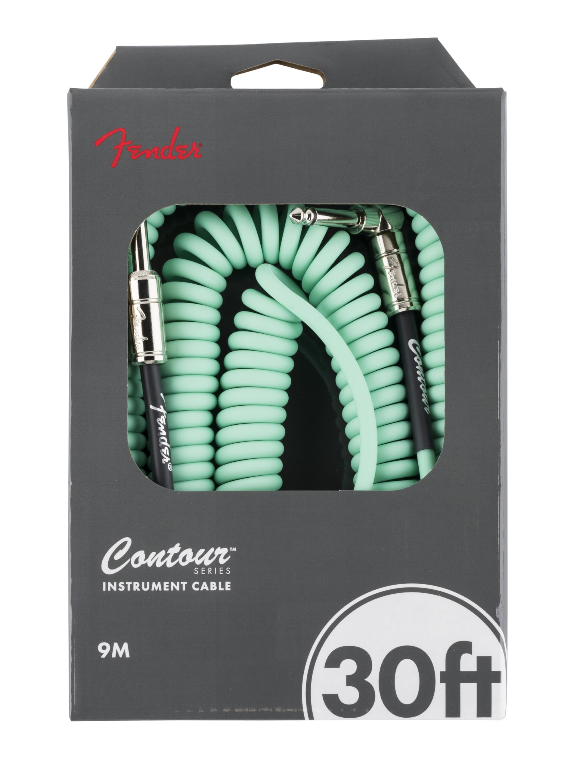 Fender Contour Coiled Instrument Cable, Guitar Accessories, Straight/Angle, Seafoam Green, 30 ft