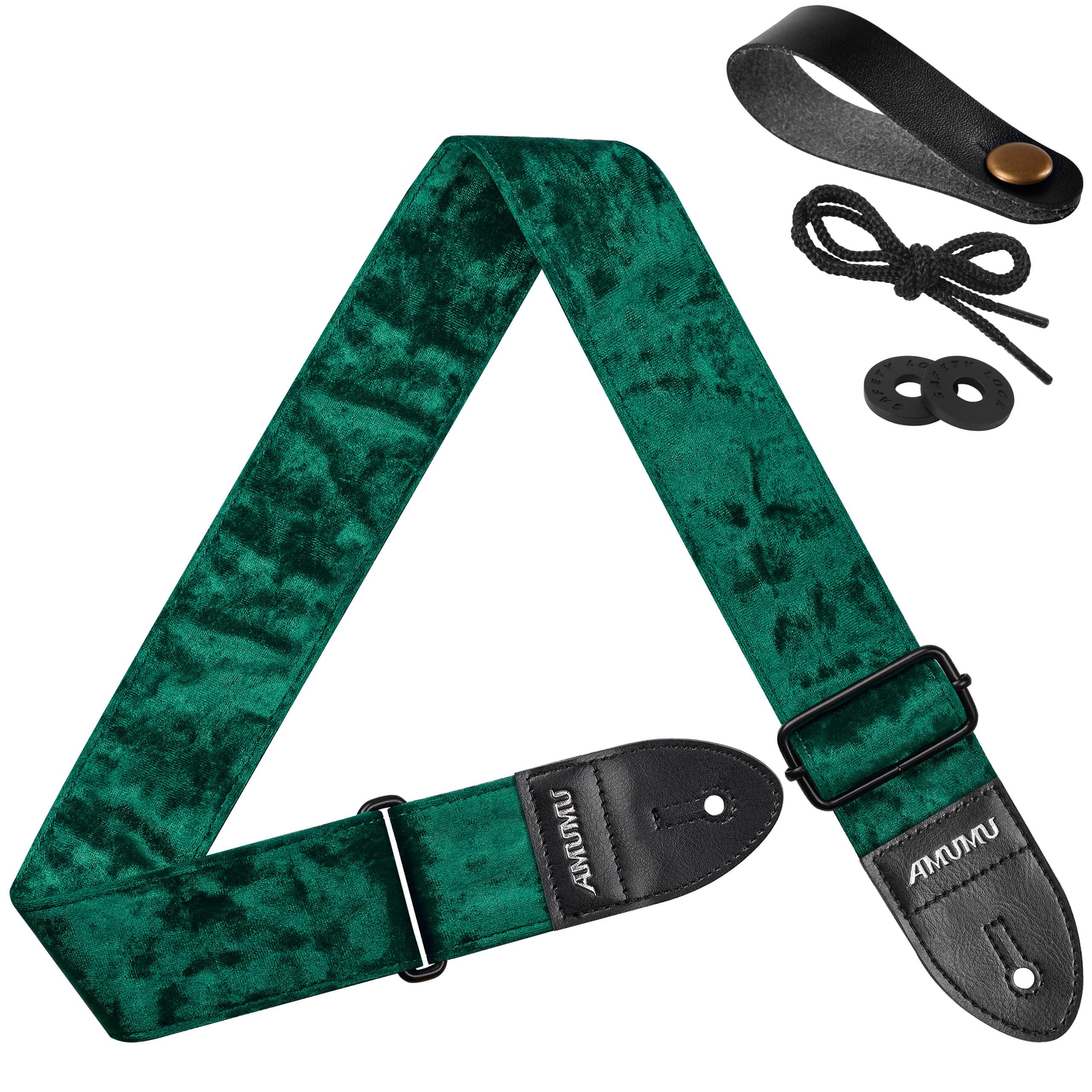 Amumu Flocked Velvet Guitar Strap with Microfiber Leather Ends – Guitar Accessories – Fits Acoustic, Bass and Electric Guitar – Green