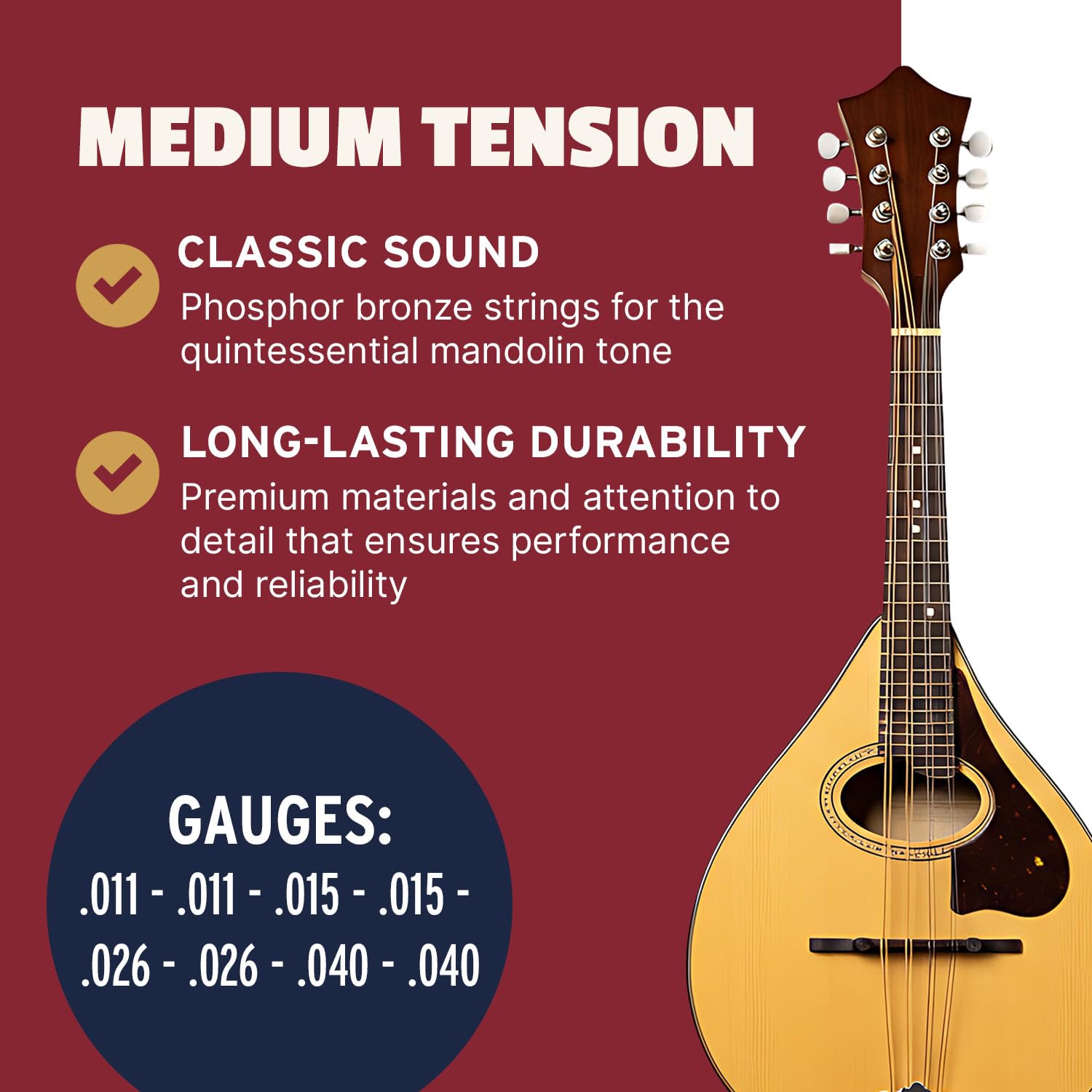 Stringjoy NB1140 Naturals Phosphor Bronze Mandolin Strings, (Medium Gauge – 11-40)