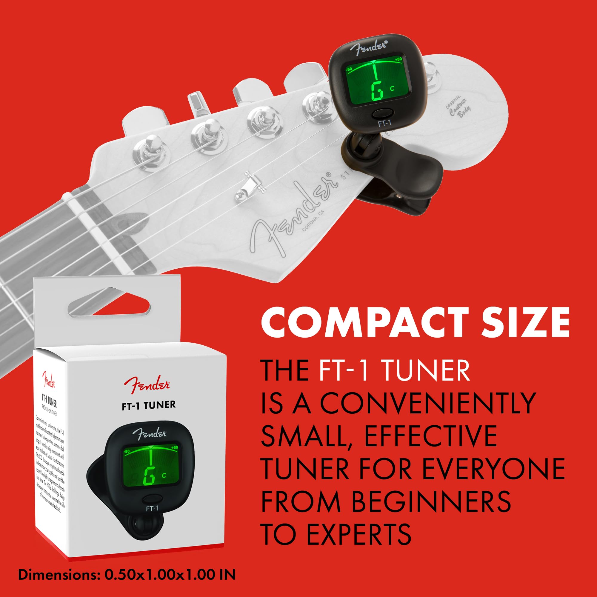 Fender 239978000 FT-1 Professional Guitar Tuner Clip On, Guitar Accessories, with 1-Year Warranty, Full-Range Chromatic Guitar Tuner with Dual-Rotating Hinges, A4 Calibration