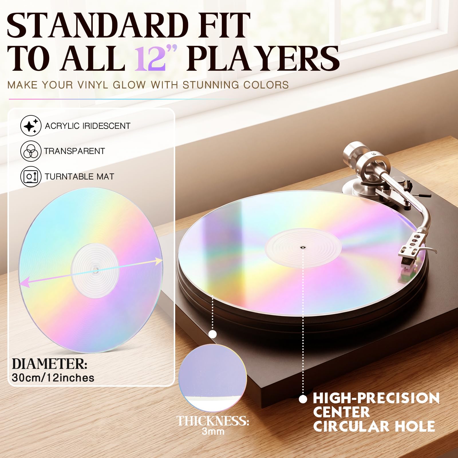 Sabary Iridescent Acrylic Turntable Mat – Anti-static Vinyl Slipmat for Record Player, 12″ Platter Slipmat, Reduces Noise & Improves Sound Clarity, Color-shifting Dj Turntable Mat