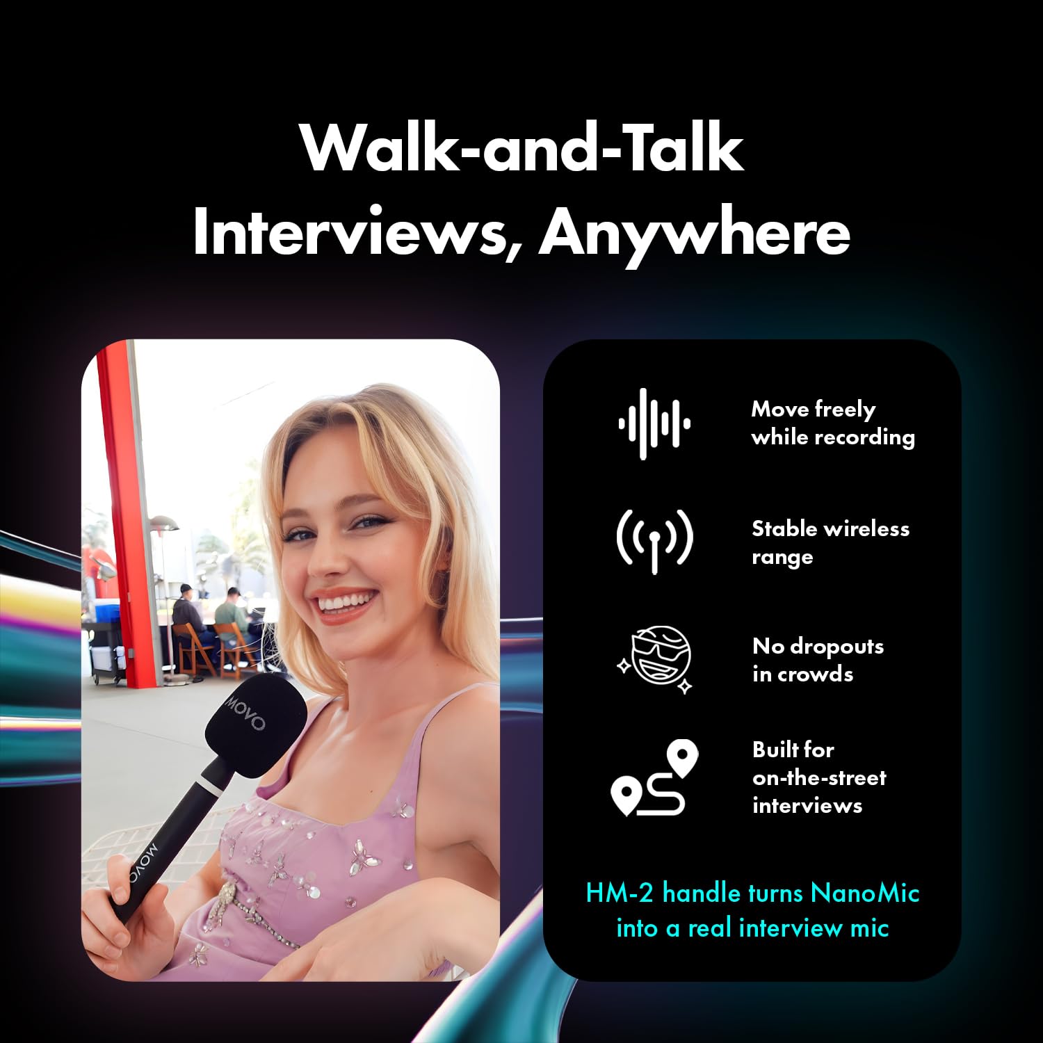 Movo NanoMic Wireless USB-C Mic Kit with Interview Handle — Dual Street Interview Mic for iPhone 15/16/17+, Android & iPad Pro — Vox Pops & TikTok