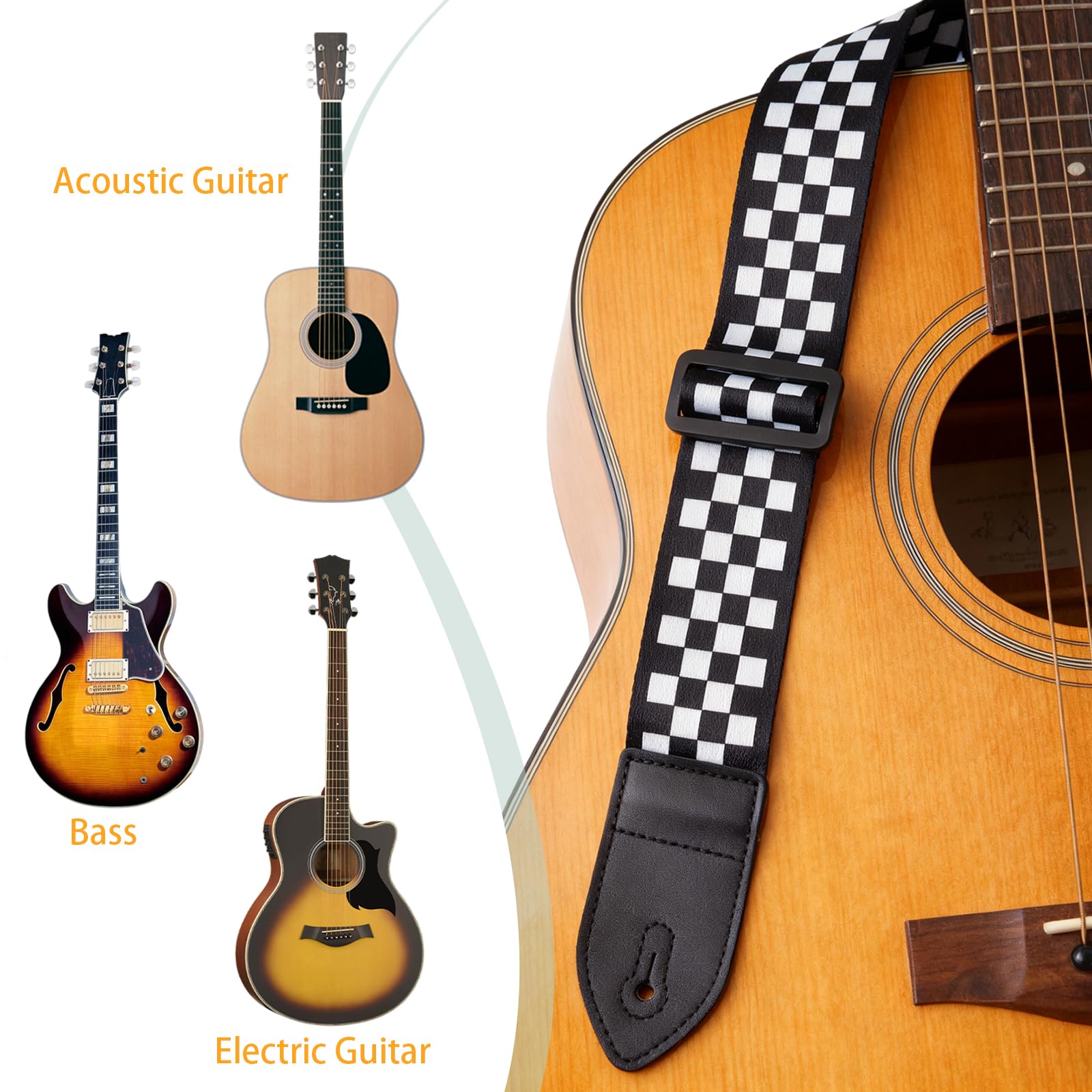 Black White Grid Guitar Strap, Stylish Acoustic Electric Guitar Strap