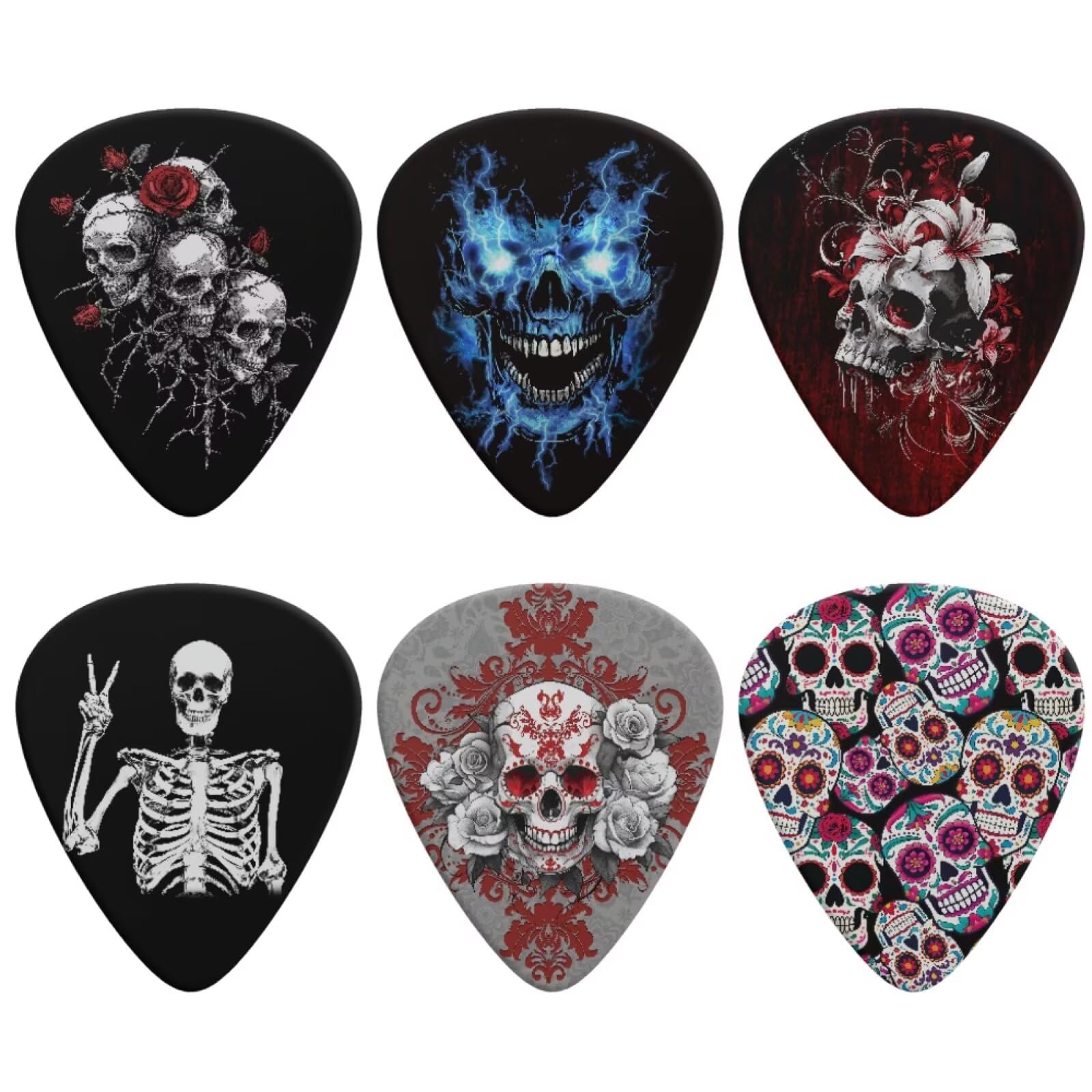 KEIAHUAN Gothic Skull Guitar Plectrums 6 Pack Medium 0.96mm Celluloid Plectrum Set for Acoustic Guitar, Electric Guitar, Bass Ukulele Musical Instrument