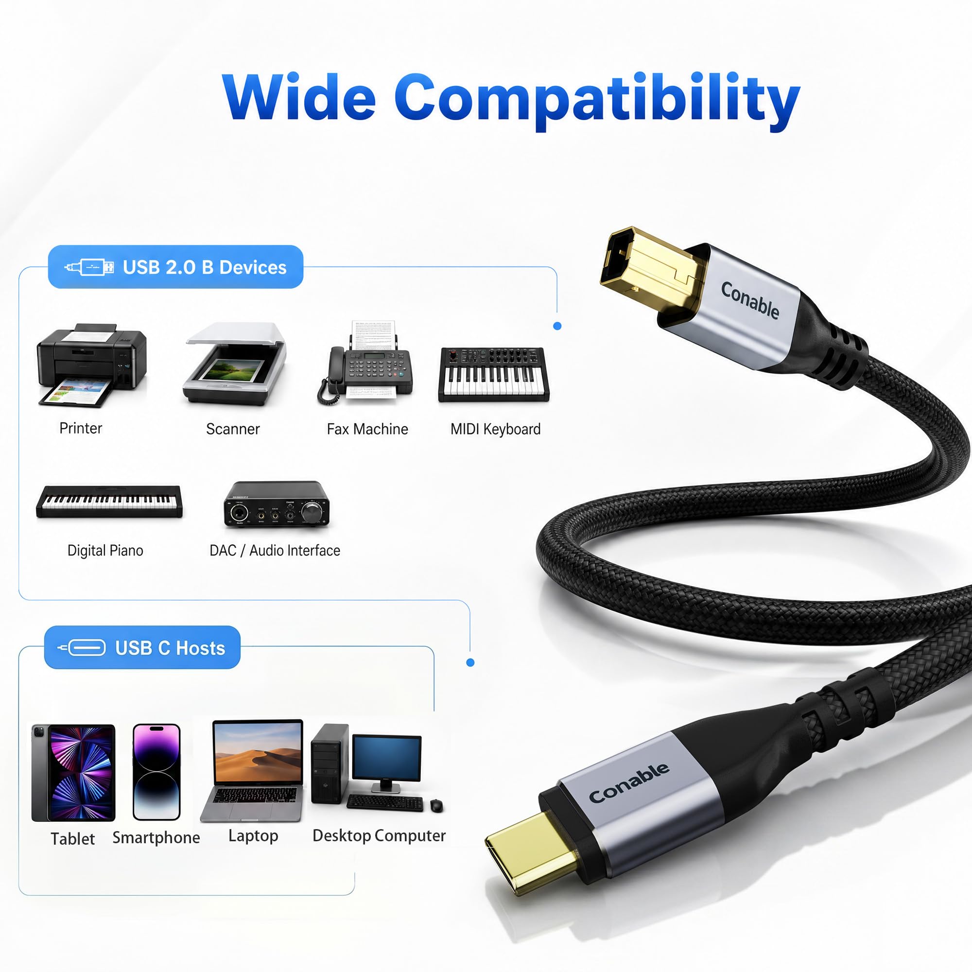 Conable USB B to USB C Cable 2FT, Braided USB C Printer Cord, USB C MIDI Cable for MacBook Pro/Air HP, Compatible with Yamaha Piano, DJ Controller, DAC, Keyboard, Printer, Scanner