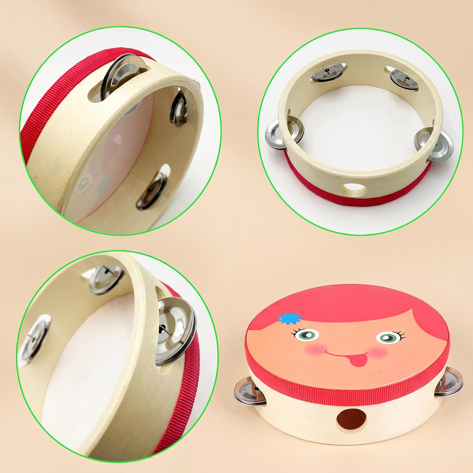 6 Inch Tambourines Musical Instrument, Wooden Hand Held Tambourine Drum with Metal Jingles, Hand Bell Drum Percussion Gift Musical Educational Tambourines for School, Party, KTV, Church(Girl)