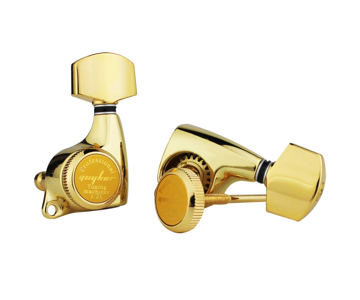 Guyker 6Pcs Guitar Locking Tuners (3L + 3R Handed) – 1:21 Ratio Lock String Tuning Key Pegs Machine Heads with Hexagonal Handle Replacement for LP SG Style Electric, Folk or Acoustic Guitars – Gold