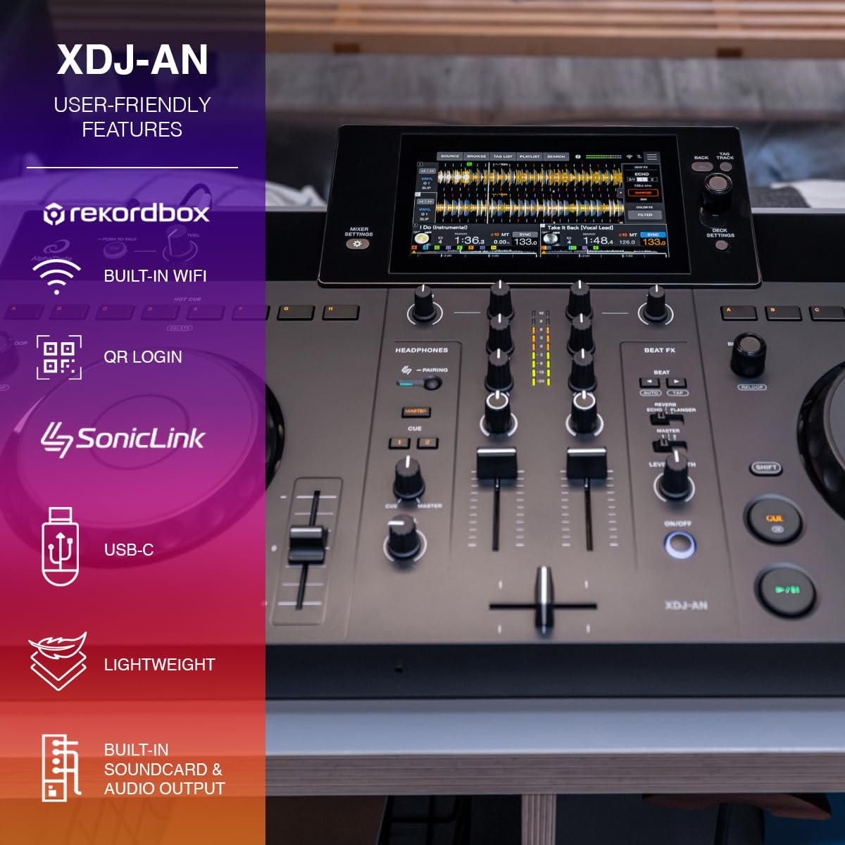 AlphaTheta XDJ-AN 2-Channel All-in-One DJ System, Touchscreen, Wi-Fi