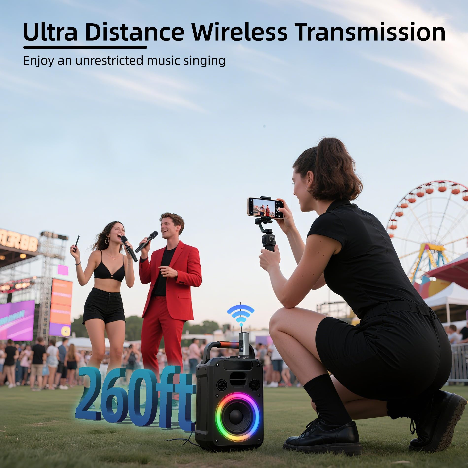 WONATU Wireless Karaoke Microphone, Dual Handheld Mic with 2.4G Dual Signal Chip, 260FT Range, 40H Rechargeable Battery, DSP Noise Cancelling, 99 Channels for Singing, Party, Church