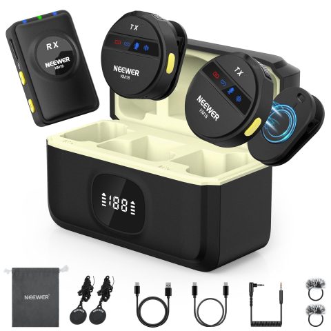 NEEWER KM18 Wireless Microphone with USB C Charging Case OTG 48KHz 24Bit 20H Battery 3.5mm TRS 150m Range Noise Cancelling Mini Lapel Lavalier Mic Compatible with Camera iPhone Android Phone Laptop PC