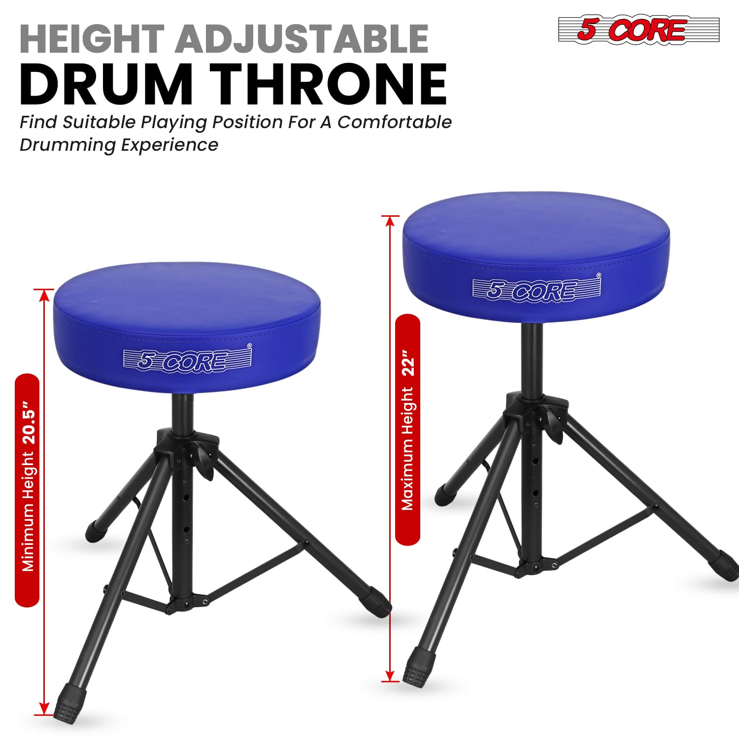 5 CORE Drum Throne Thick 3 Inch Padded Drum Seat Height Adjustable Drumming Stools with Anti-Slip Feet Drummers Chair for Practice and Performance Blue – DS 01 BLU