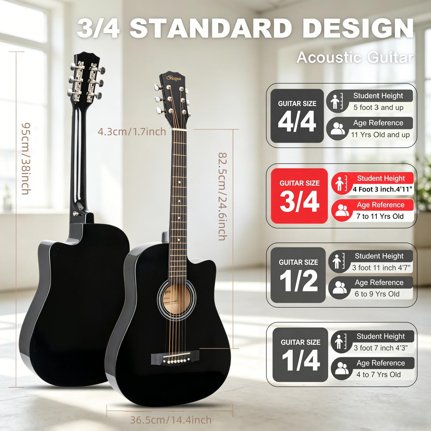 38 inch Black Acoustic Guitar Beginner Kits, 3/4 Cutaway Wood Acustica Guitarra for Beginners Adults with Online Lesson,Gig Bag,Picks,Steel Strings Strap with Picks Holder
