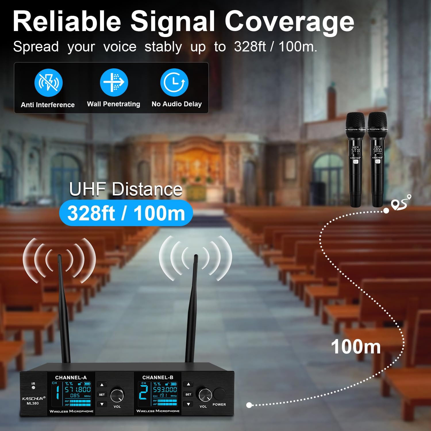 Kaschun Dual UHF Auto Scan Handheld Wireless Microphone System