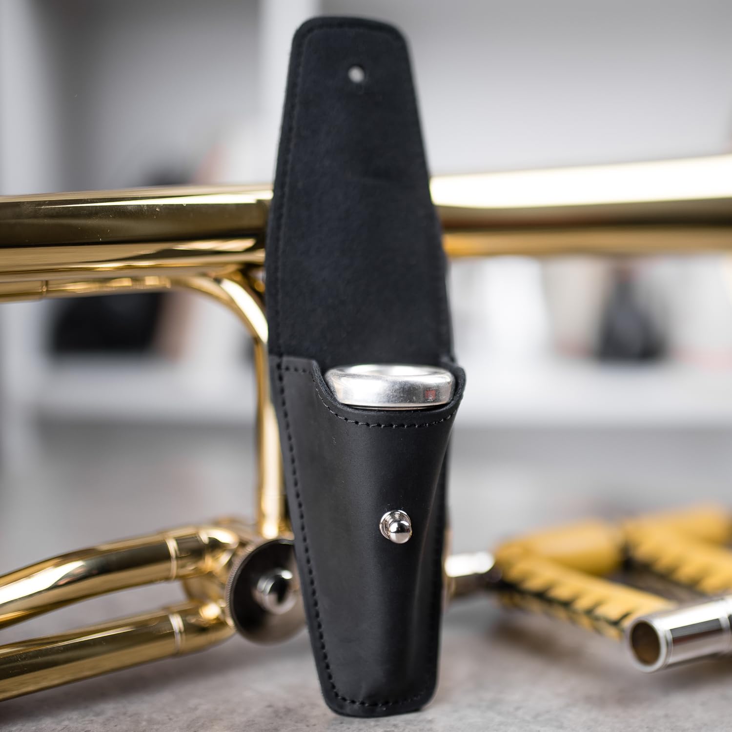 MG Leather Work Trombone/Euphonium Mouthpiece Holder. Genuine Leather Single Pouch. Black