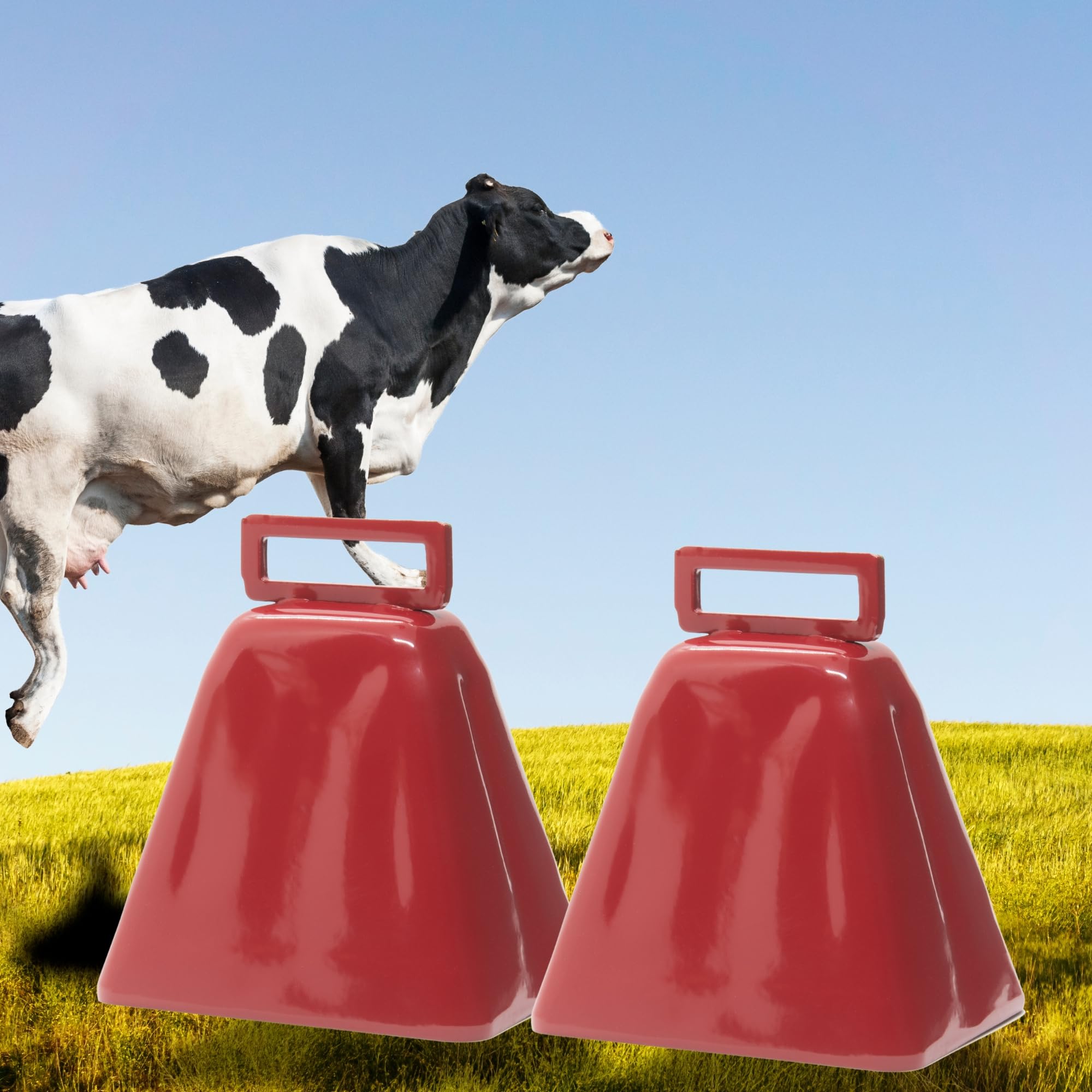 Bevin Bells Long Distance Cow Bells 10LD (Red & Red) | Christmas Bells | Made from Steel | Loud Noise Makers | w/White Strap Around The Handle | Easier to Hold | Made in CT, USA