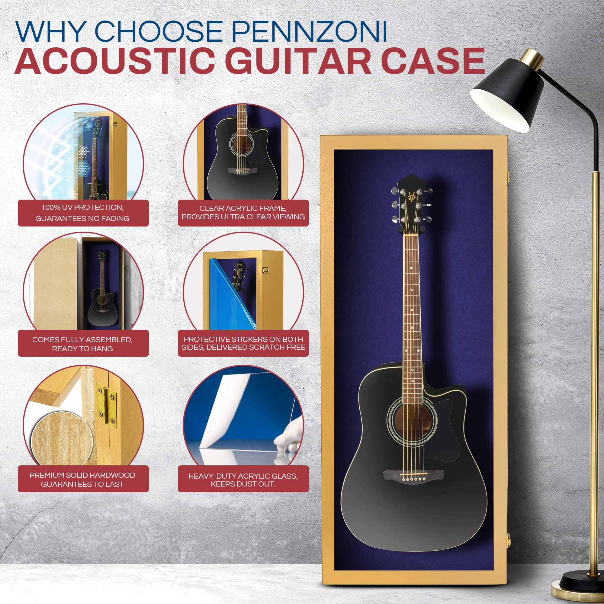 PENNZONI Acoustic Guitar Display Case – Acrylic Acoustic Guitar Case – Guitar Display Case Wall Mount Made from Hardwood Frame & Clear Acrylic – Golden Oak w/Felt Blue