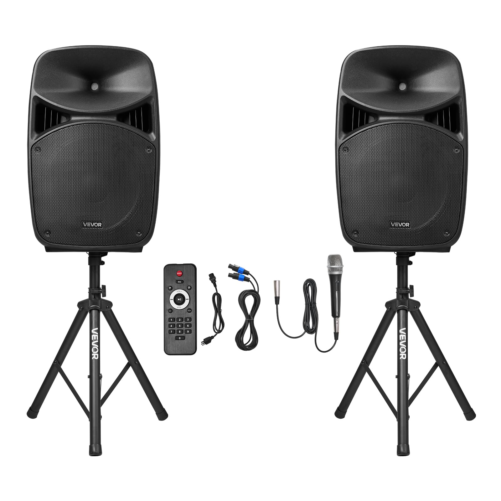 VEVOR Portable PA System, 2000W (PMPO) Powered, Sound System Set with 3 Channel Mixer, Dual Speakers, Wireless Bluetooth, Microphone, Compact Stands, USB & SD Inputs, Remote Control, for DJs Events