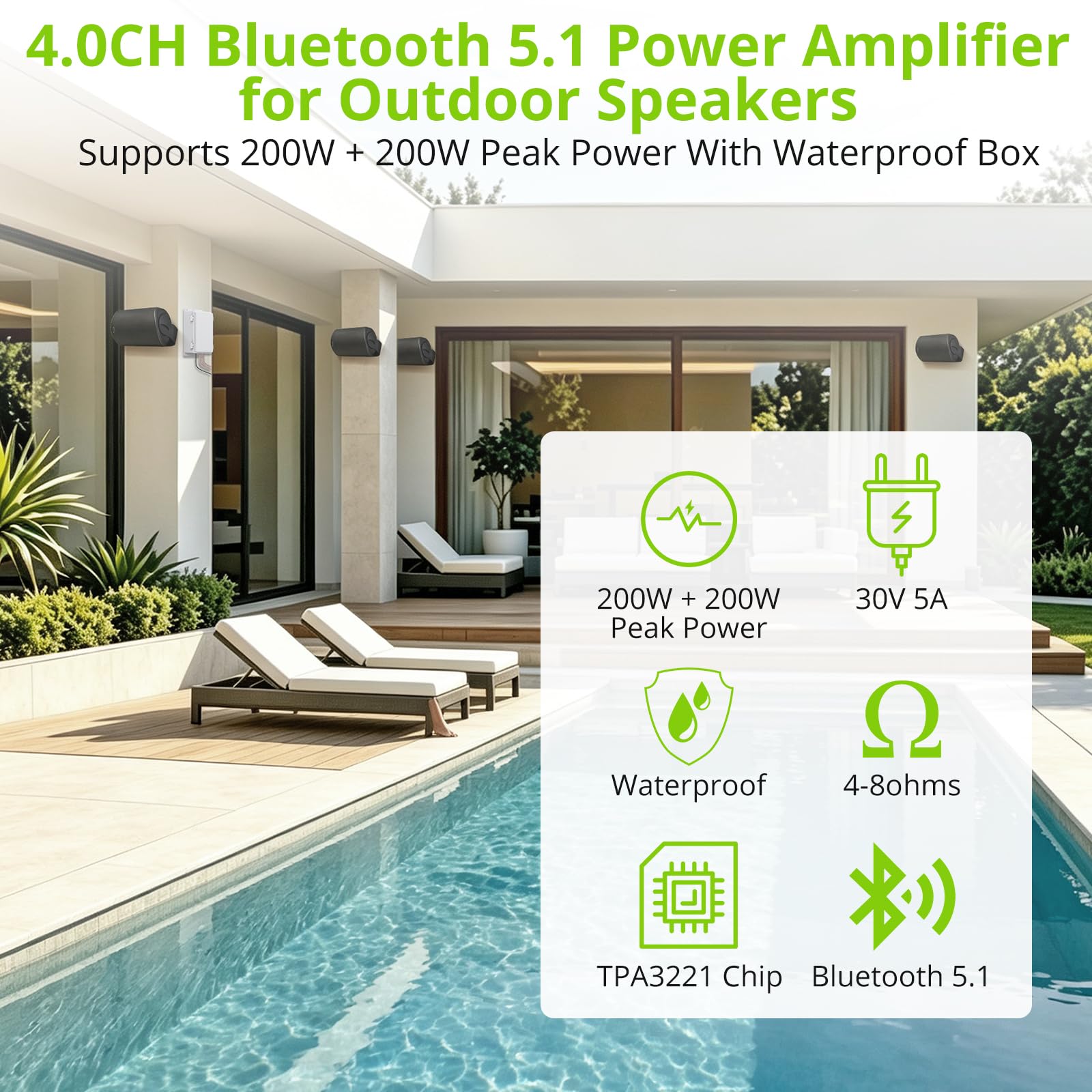 LiNKFOR 4.0CH Bluetooth 5.1 Power Amplifier 200W+200W, Waterproof Shell