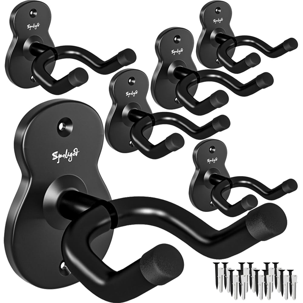 Spoligod Guitar Wall Mount Hanger, 6 Pack Guitar Hanger for Wall, Black Metal Guitar Holder Rack Stand for Basses, Electric Guitar, Acoustic Guitar and Ukulele
