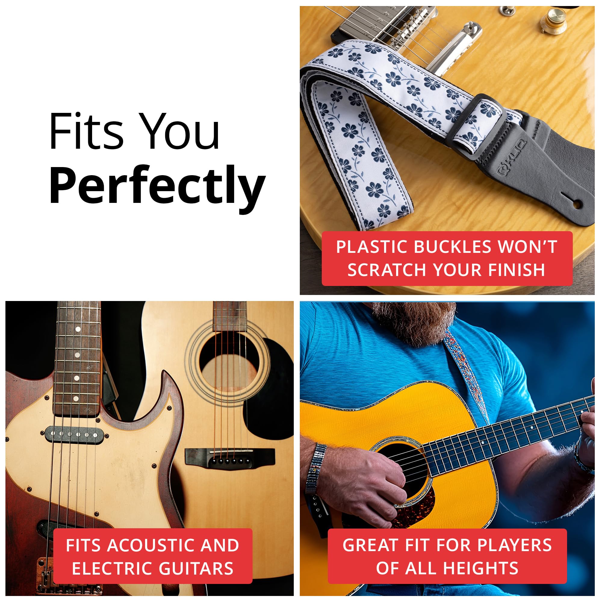 KLIQ Vintage Woven Guitar Strap for Acoustic and Electric Guitar, Blue Wildflower, Flower, Blue Wildflower, Flower