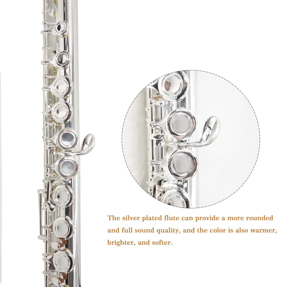YANASON C Flute Closed Hole 16 Keys Flute Silver-plated for Beginner, Adults,Student with Leather case, Metal stand, Gloves, Tuning Rod, Cleaning kit(16 Silver)