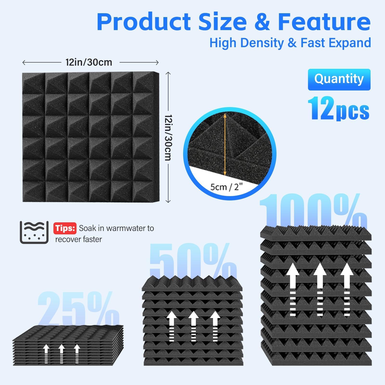 Pyramid Sound Proof Foam Panels 12 Pack, Bwaliffury High Density Self-Adhesive Sound Absorbing, 12″ X 12″ X 2″ Fire Resistant Acoustic Foam Panels, Sound Panels, Studio Foam for Wall, Ceiling (Black)