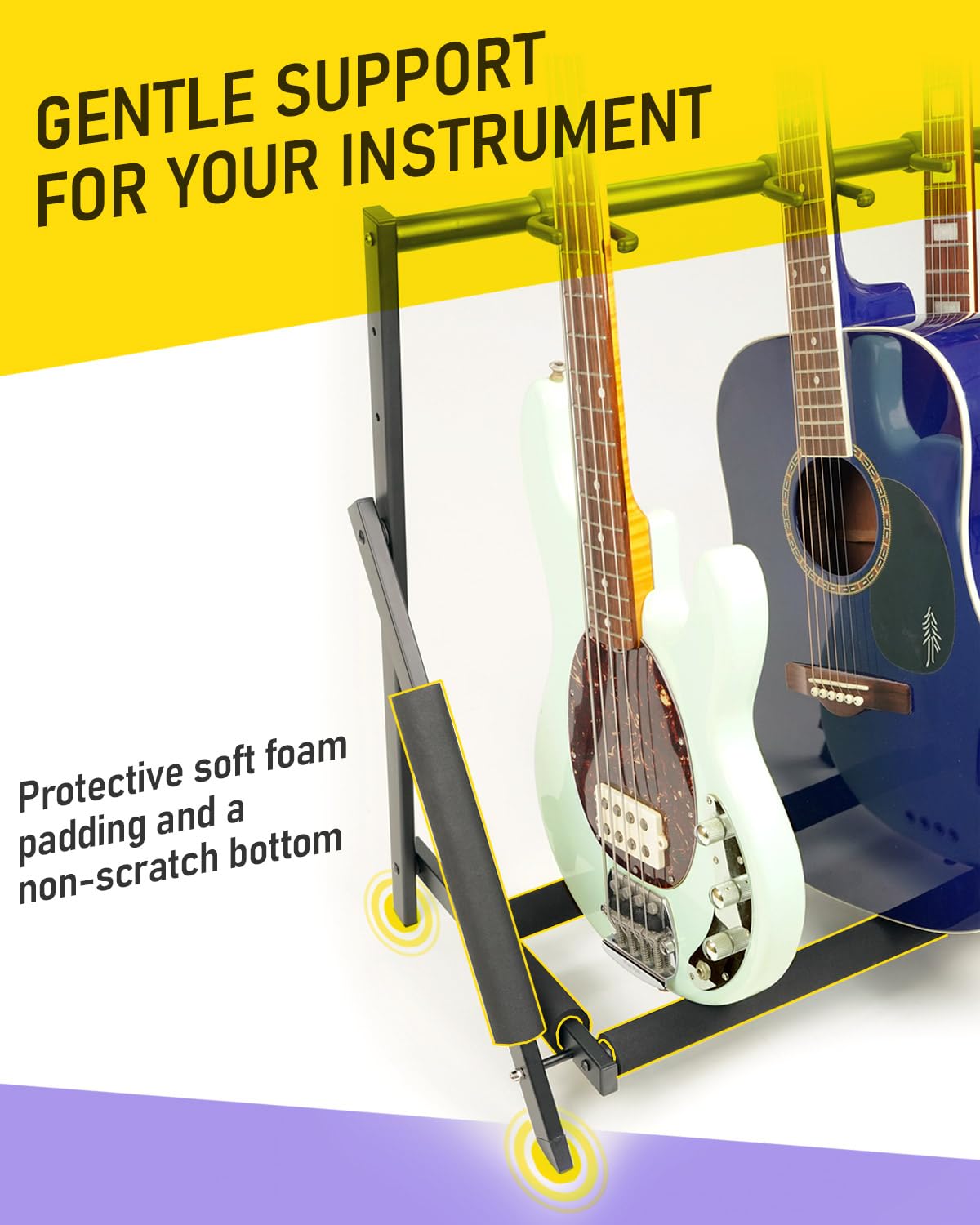 Stage Rocker Multi Guitar Stand, Foldable 3 Holder Rack with Adjustable Height & Width, Easy Assembly & Storage, Reliable Soft Foam Padding to Protect Acoustic or Electric Guitars & Basses, Black.