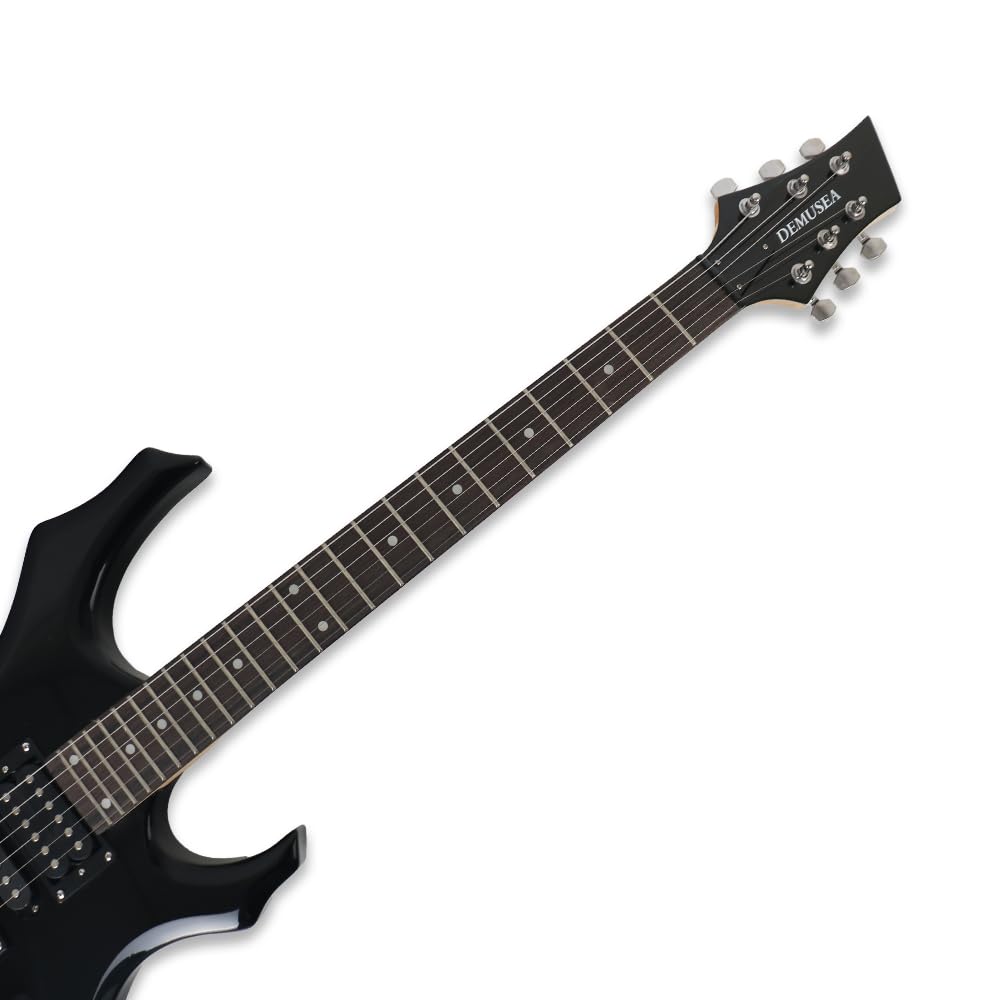 Demusea Golssy Black Cool Shape Electric Guitar With 20W Amplifier Set Non Recharge Solid Wood Build For Starter Practice (FIRE, Black)