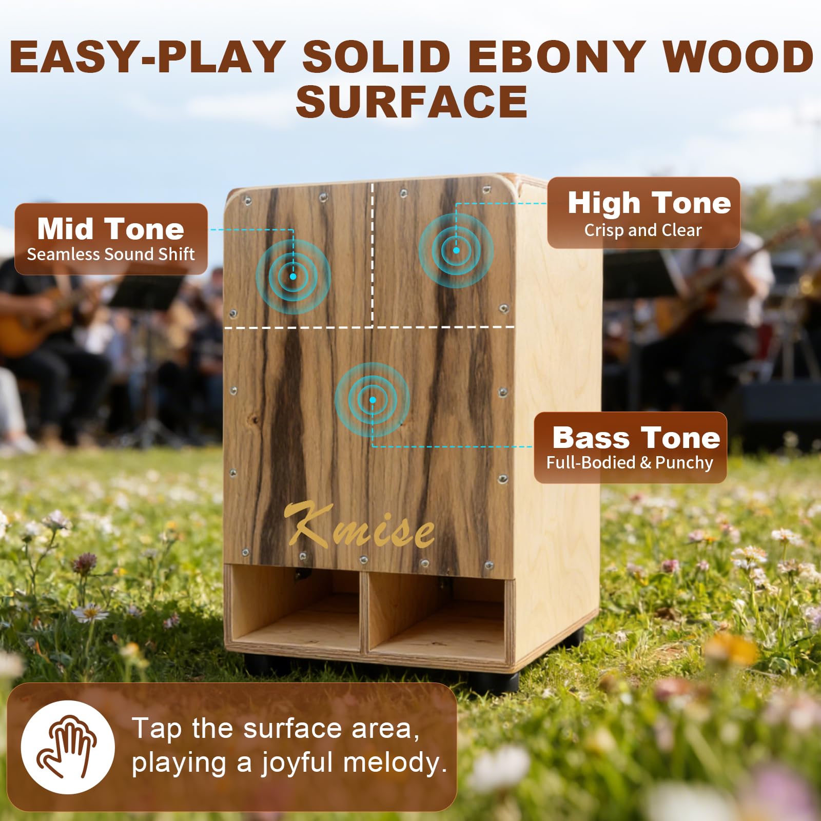Kmise Enhanced Bass Response Cajon, 11.8×12.2×19.6″ Portable Adjustable Snare Cajons Drums,Solid Ebony & Birch Wood Drum Box, Percussion Instrument Gift for Adults Kids, With Carry Bag,for Performance