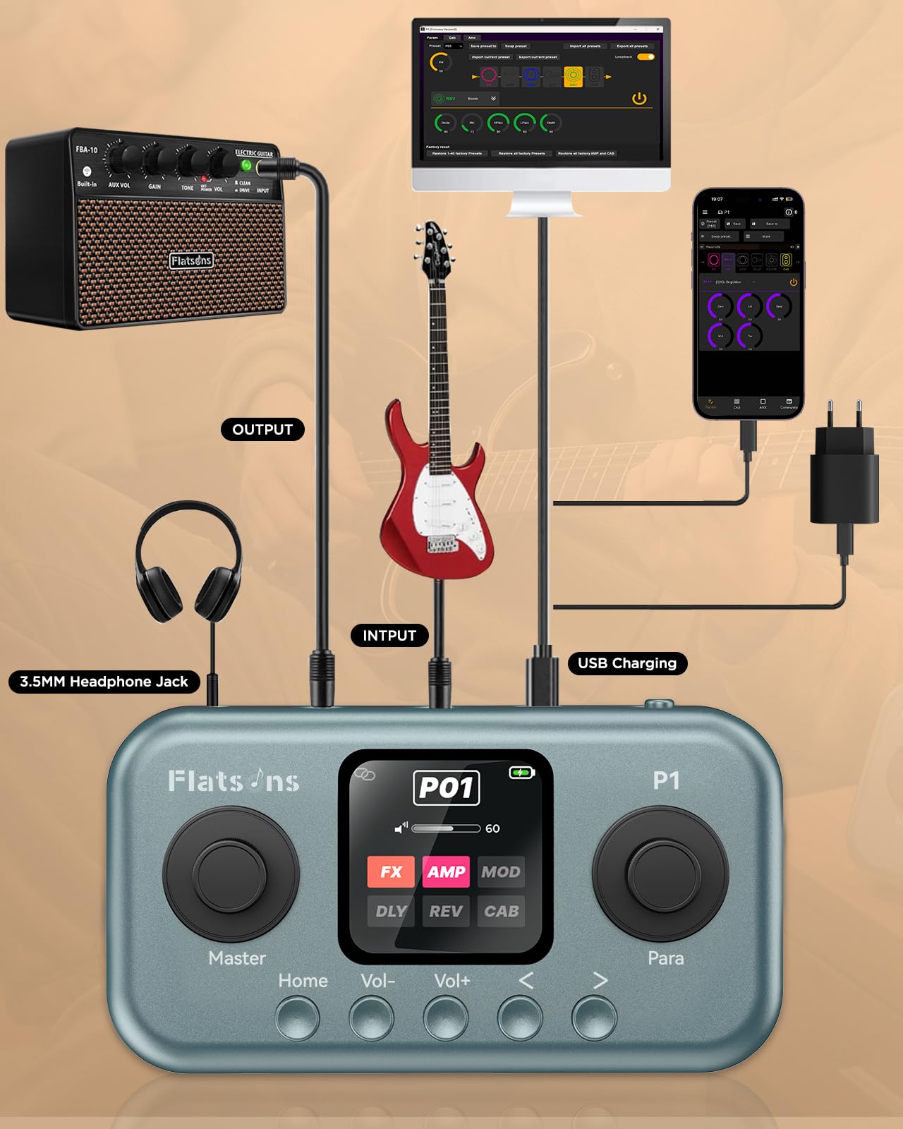 Flatsons P1 Portable Multi Effects Guitar Pedals, 80+ Effects, Rechargeable