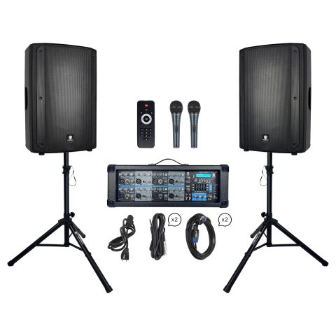 PRORECK Delta 158 2400W Bluetooth PA Speaker System with 8-Channel Powered Mixer, 2 15-Inch Passive Speakers, Stands, Reverb Effects, 15V Phantom Power. Perfect for DJs, Bands, Karaoke, Live Events.