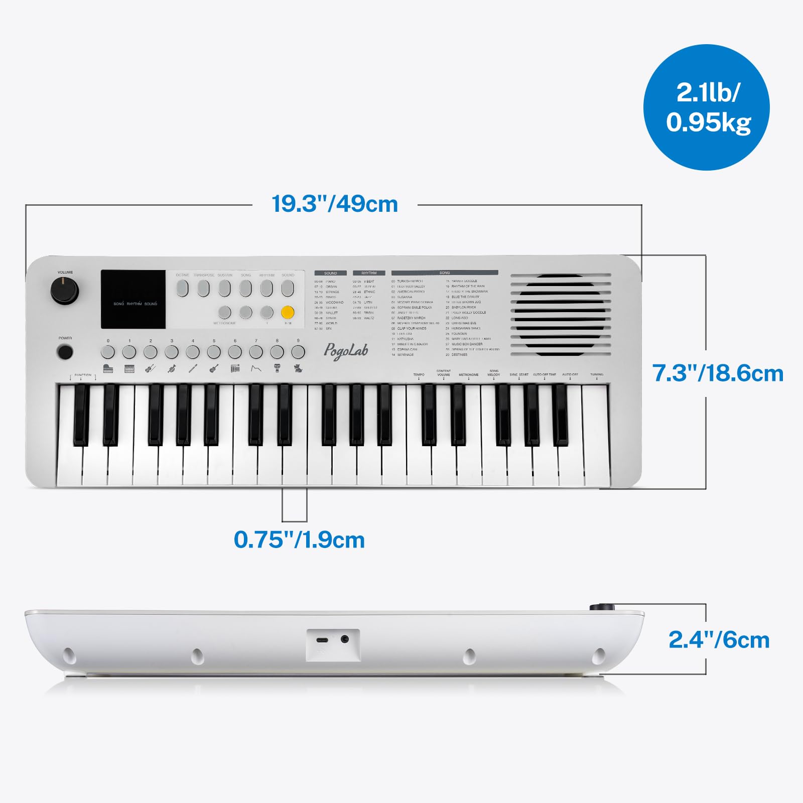 POGOLAB MK1 37 Keys Kids Keyboard Piano, Mini Portable Multi-Function Piano with Excellent Sound Quality, Built-In Speaker & LED Display, Small Electric Music Keyboard Gift for Beginners (White)