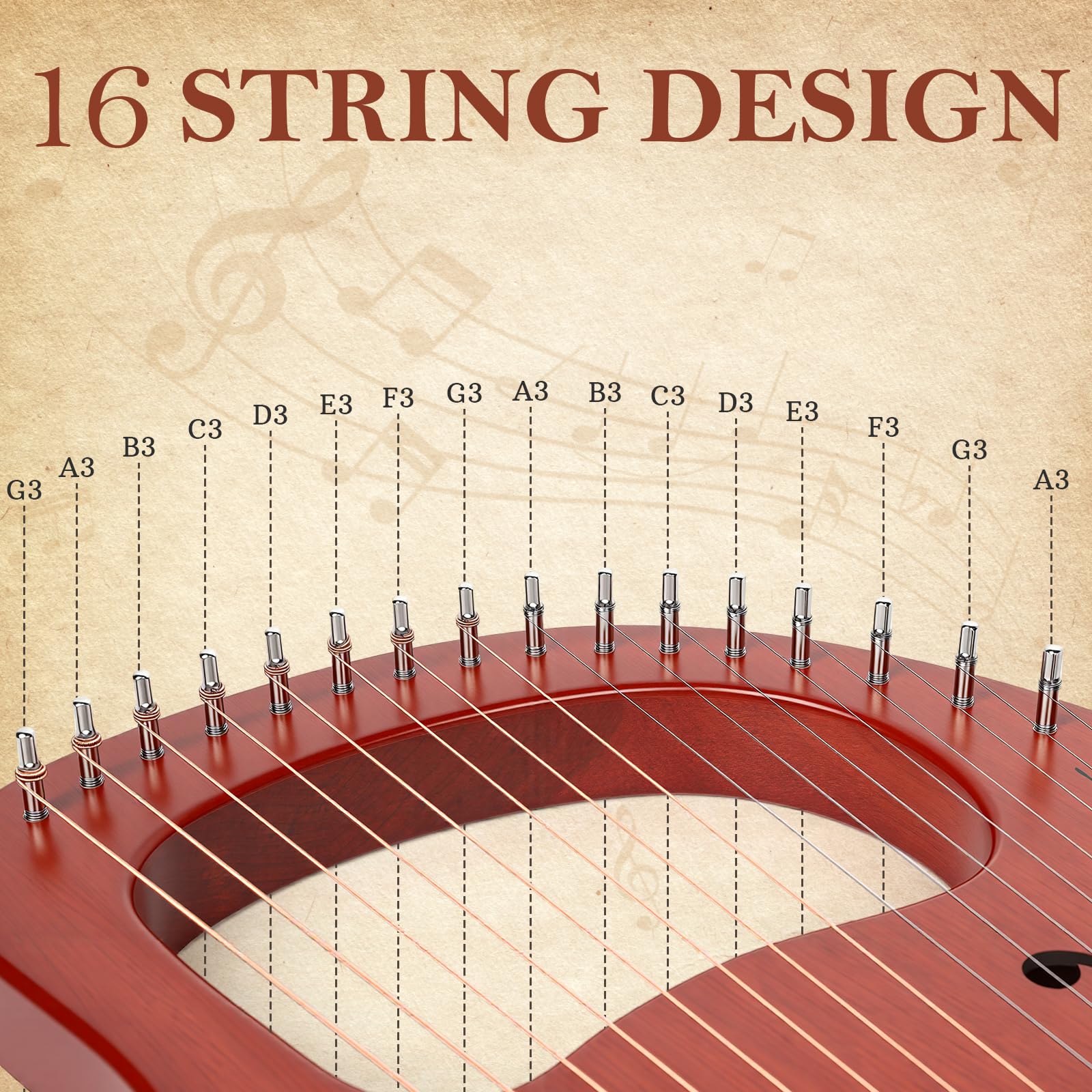 Lotkey Lyre Harp,16 Metal Strings Iron Saddle Mahogany Lyre Harp with Tunning Wrench, Extract Strings, Manual and Gig Bag