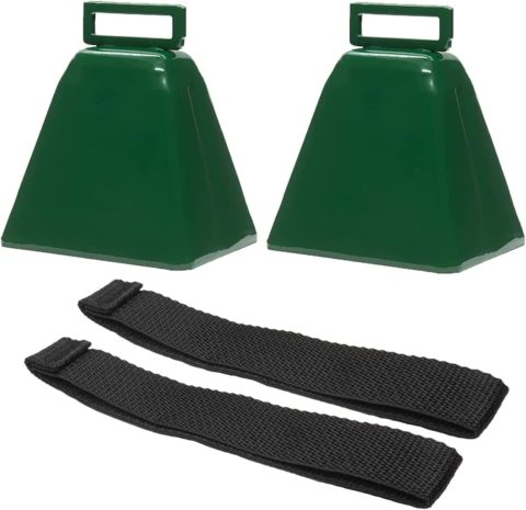 Bevin Bells Long Distance Cow Bells 10LD (Green & Green) | Christmas Bells | Made from Steel | Loud Noise Makers | w/White Strap Around The Handle | Easier to Hold | Made in CT, USA